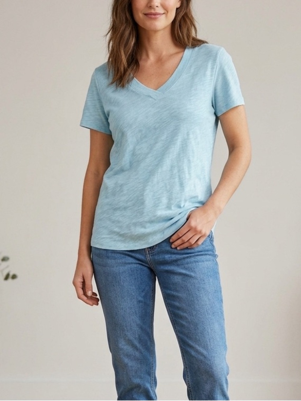 NWT Felina blue v neck slub knit cotton modal t shirt size medium